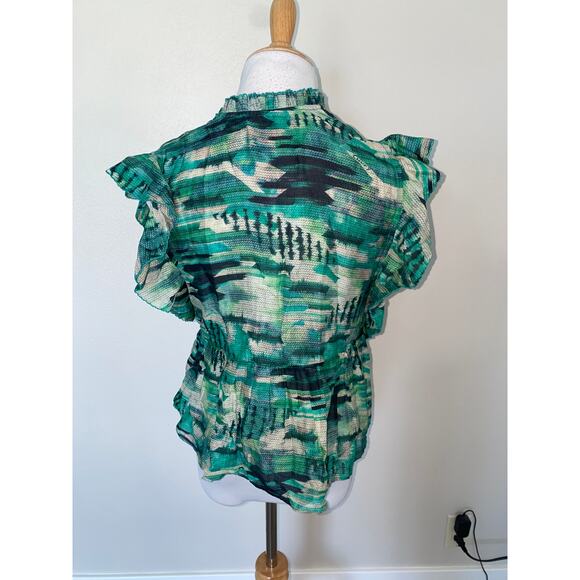CHUFY Gone Jammin Blouse Green Ruffle Tie Neck Cap Sleeve Cotton/Silk size XS - Picture 3 of 5